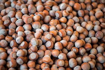 pile of unpeeled hazelnuts full frame close-up background with selective focus