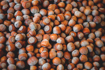 pile of unpeeled hazelnuts full frame close-up background with selective focus