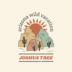 Arizona desert with mountain graphic print design for t shirt. Vintage graphic for apparel, sticker, batch, poster and background. Outdoor western vintage artwork. Arizona Vibe