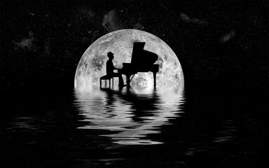 Piano player makes music in front of glowing moon with water spouting