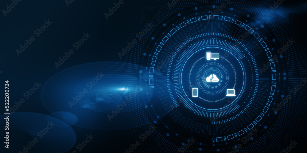 Aufkleber Abstract cloud hologram on blurry dark backdrop. Cloud computing, big data backup concept. 3D Rendering.