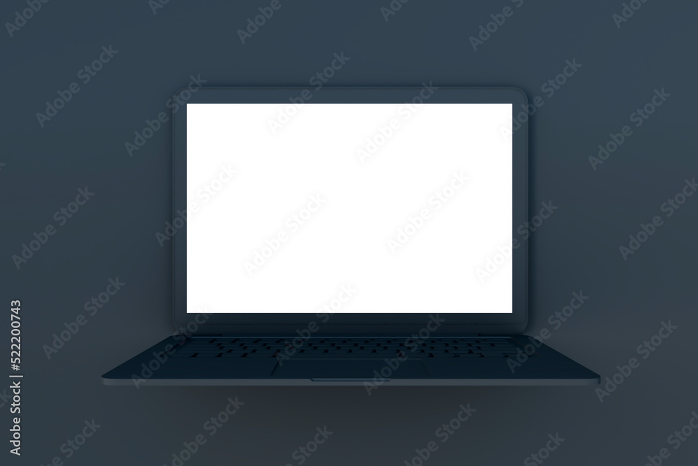 Poster Abstract image of seamless black laptop with white screen background. Design and device concept. Mock up, 3D Rendering.