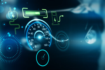 Obraz premium Glowing electronic car dashboard interface hologram on blurry blue backdrop. Automobile, charging and futuristic technology concept. 3D Rendering.