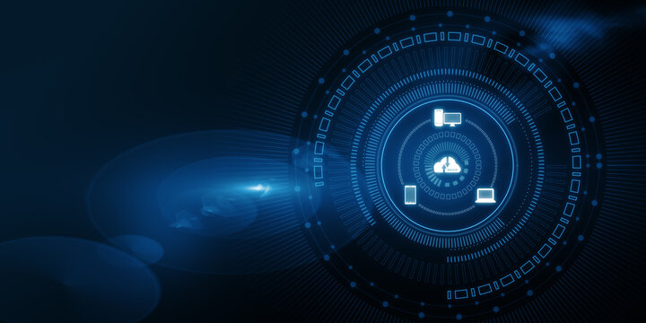 Abstract cloud hologram on blurry dark backdrop. Cloud computing, big data backup concept. 3D Rendering.