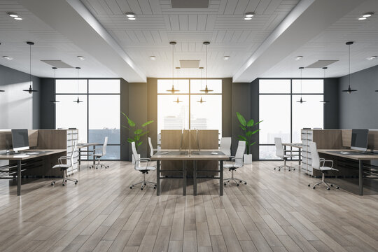 Contemporary coworking office interior with window and city view, wooden flooring and sunlight. 3D Rendering.