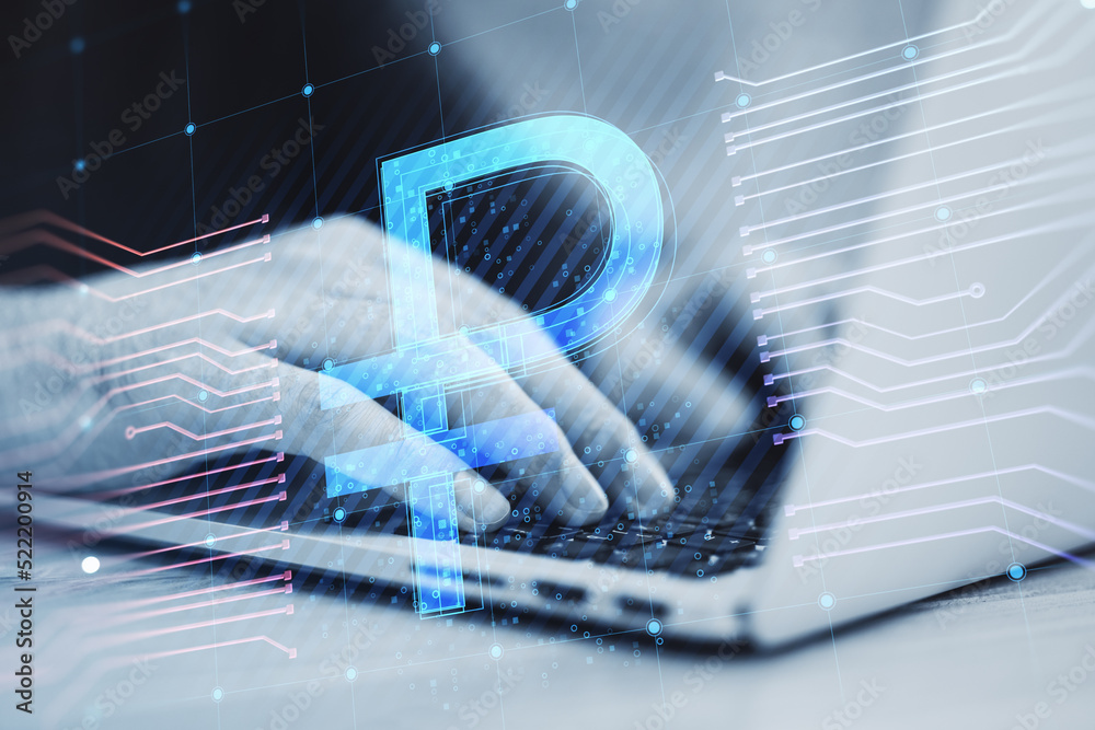 Poster close up of male hands using laptop computer with creative glowing russian ruble circuit hologram on