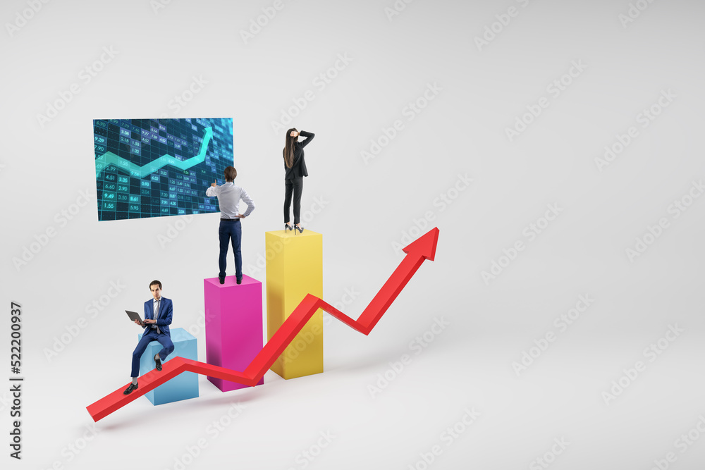 Poster businesspeople on abstract colorful business chart on white background with mock up place. market re