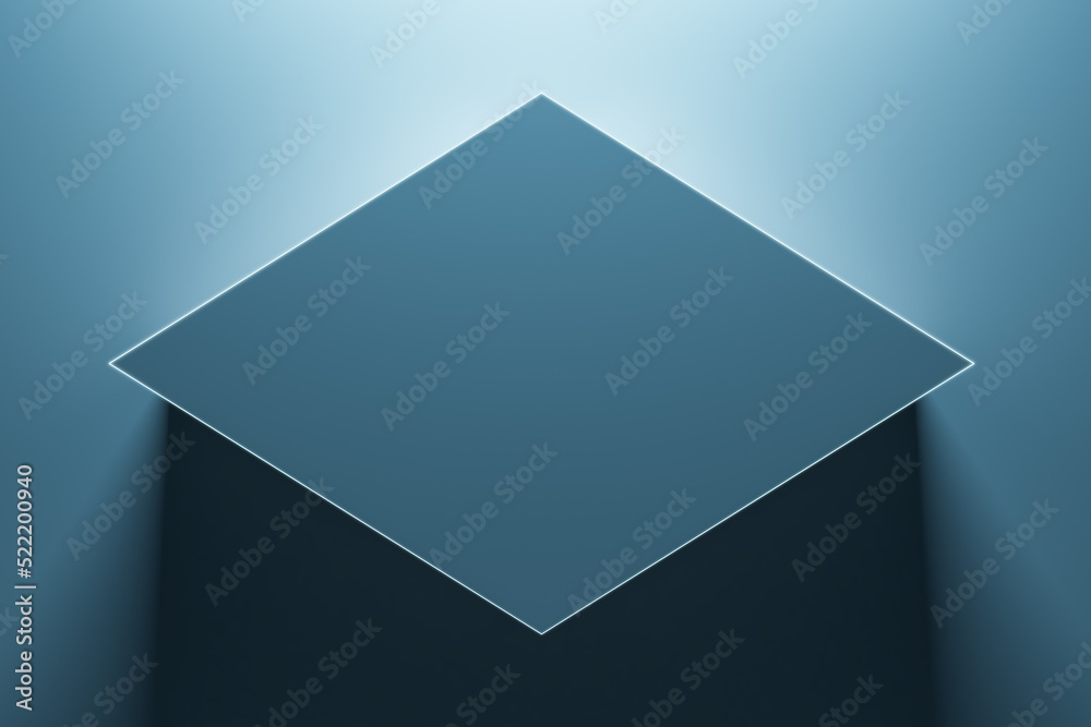 Aufkleber Creative illuminated blue rhombus with mock up place on backdrop. 3D Rendering.