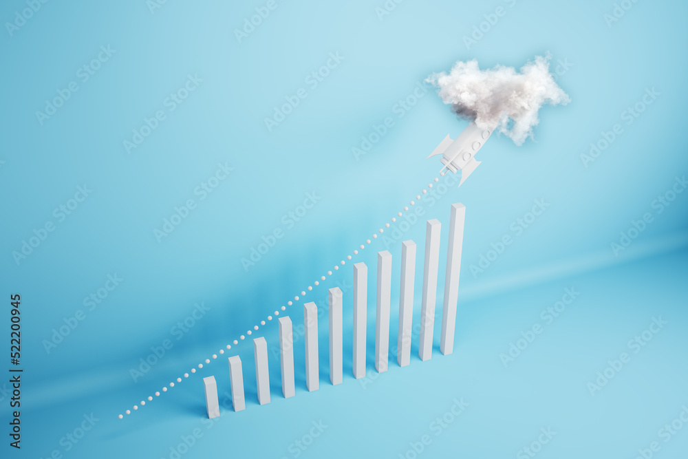 Poster abstract growing upward chart with rocket in cloud on blue background. financial growth and start up