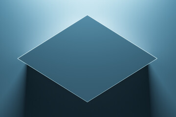 Creative illuminated blue rhombus with mock up place on backdrop. 3D Rendering.