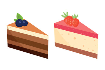 Sweet slice of cake with chocolate, cream and fruits. Dessert vector design illustration