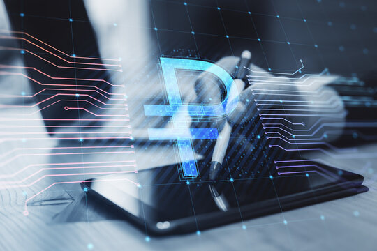 businessman hands using digital pad with pen on office desktop with creative glowing Russian ruble circuit hologram on blurry background. Digital money and online banking concept. Double exposure. - Powered by Adobe