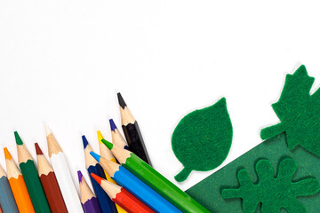 School banner with school supplies crayons and decorative autumn leaves. Back to school concept. Colored pencils isolated on white background. Copy space