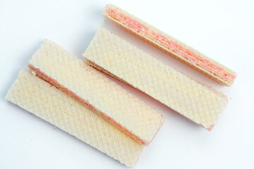 Wafers with raspberry yoghurt isolated on a white background