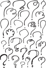 Set of interrogation signs in black and white. Funny question marks. Vector illustrations.