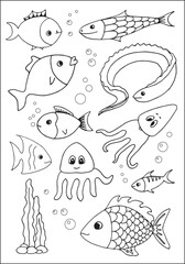 Set of vector undersea animals, funny fishes for coloring.