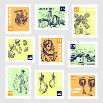Spain country postage stamp set with sketch element