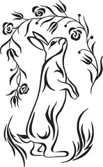 Floral ornament with rabbit. Bunny on hind legs framed by rose branch. Vector illustration isolated on white background. Linear painting. Beautiful Easter Bunny. 2023 Year of Rabbit.