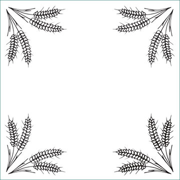 Wheat spikelet frame. Black and white ornamental frame, decorative border with wild berries, corners for greeting cards, banners, business cards, invitations, menus. Isolated vector illustration.
