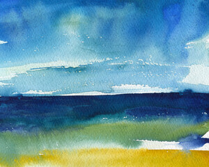 Summer landscape with sea, sky. Hand drawn blue background. Watercolor painting illustration