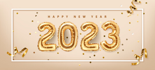 2023 golden decoration holiday on beige background. Gold foil balloons numeral 2023 with realistic festive objects,, glitter gold confetti and serpentine. Happy new year 2023 holiday.  - 522202371