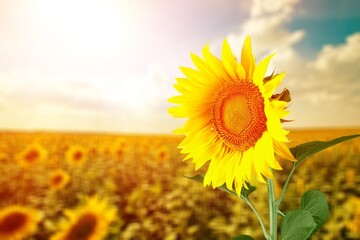 Sunflower on sunny nature background. Agriculture summer with sunflowers field. Organic food production. Harvest of farm product.