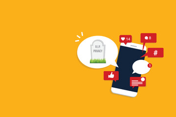 Social media. Viral content, social activity and social media marketing - likes, shares and comments pop up on the mobile screen, with a speech bubble and a tombstone with rest in peace privacy text. 