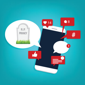Social media. Viral content, social activity and social media marketing - likes, shares and comments pop up on the mobile screen, with a speech bubble and a tombstone with rest in peace privacy text. 