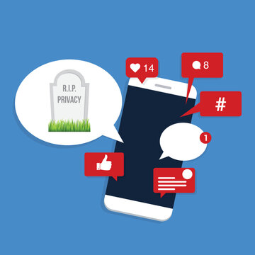 Social media. Viral content, social activity and social media marketing - likes, shares and comments pop up on the mobile screen, with a speech bubble and a tombstone with rest in peace privacy text. 