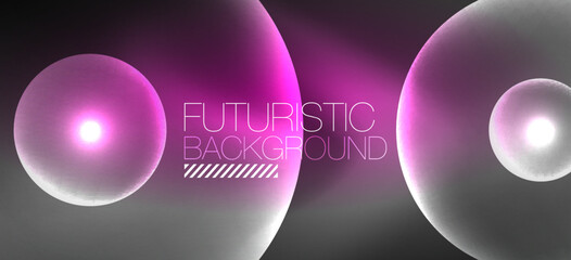 Shiny neon geometric abstract background. Glowing lights on round shapes, triangles and circles. Wallpaper for concept of AI technology, blockchain, communication, 5G, science, business