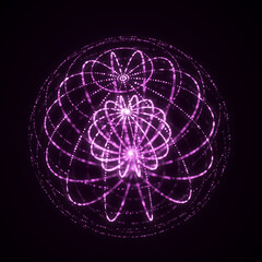Futuristic purple rotating sphere of glowing dots. Music disco ball concept. Abstract equalizer structure. 3D rendering.