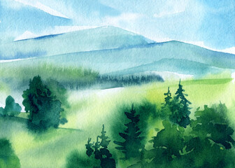 Landscape with mountains, blue sky, clouds, green field. Hand drawn nature background. watercolor painting illustration