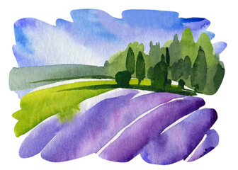 Provence landscape with lavender field. Watercolor illustration. Summer background.