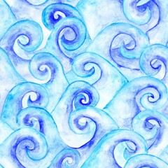 Waves seamless pattern. Blue and turquoise watercolor wave endless print. Hand-drawn navy blue stormy sea illustration. Pacific ocean sketch on a wallpaper. Cute abstract wavy sea backdrop.