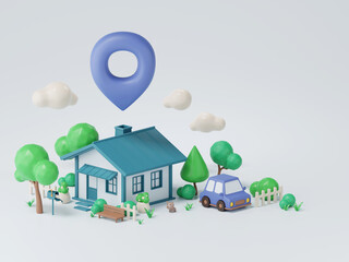 House and 3d location pin icon, Property or real estate investment concept. 3d rendering.