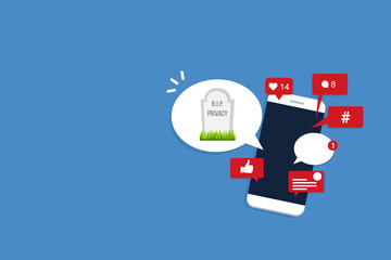 Social media. Viral content, social activity and social media marketing - likes, shares and comments pop up on the mobile screen, with a speech bubble and a tombstone with rest in peace privacy text.