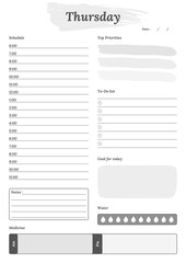 Modern Thursday planner template set. Set of planner and to do list. Monthly, weekly, daily planner template. Vector illustration.