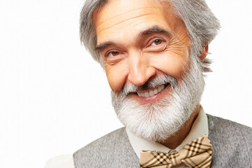Handsome elderly man with a gray beard isolated on white background