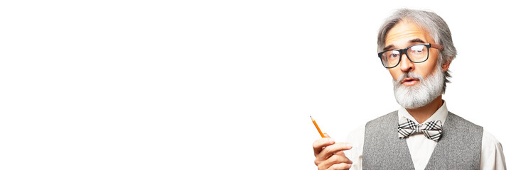 Handsome man with a gray beard pointing with a pencil isolated on white background