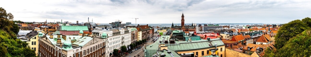 Fototapeta premium Helsingborg panoramic view over the city from Terrace Stairs (Terrasstrapporna). The Swedish town touristic downtown district is visible from above with the city hall standing out from the skyline