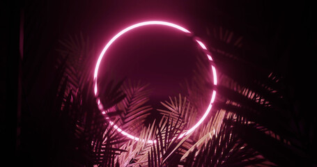 Image of leaves over pink neon circle on black background