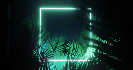 Image of leaves over green neon square on black background