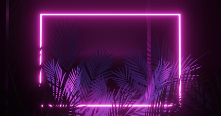 Fototapeta na wymiar Image of leaves over pink neon rectangle on black background