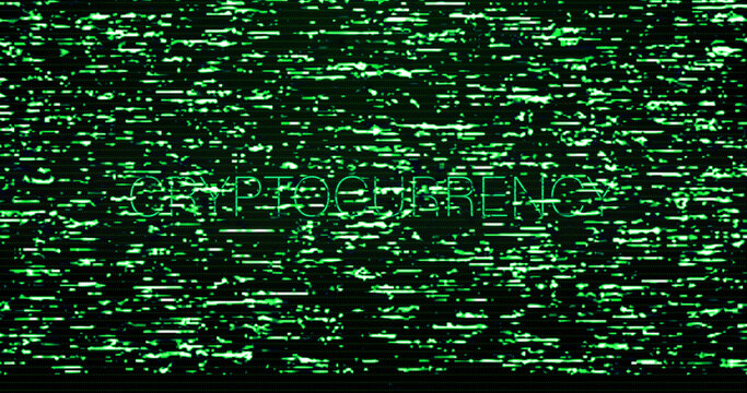 Image of interference over cryptocurrency text on black background - Powered by Adobe