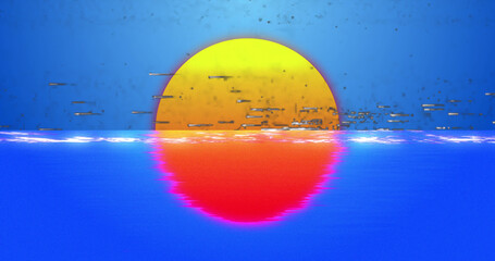 Image of interference and sun over water on blue background