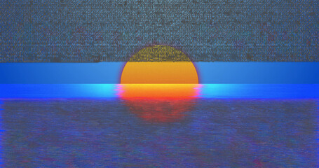 Image of interference and sun over water on blue background