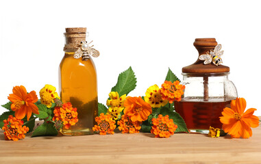 Fresh Local Honey With Wildflowers on White Background