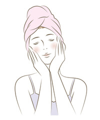 頭にタオルを巻いてスキンケアをする女性のイラスト素材 ベクター 美容