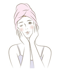 頭にタオルを巻いてスキンケアをする女性のイラスト素材 ベクター 美容