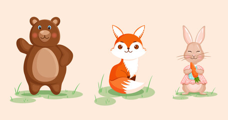 Obraz na płótnie Canvas Set of forest animals bear, hare, fox and rabbit. Vector illustration